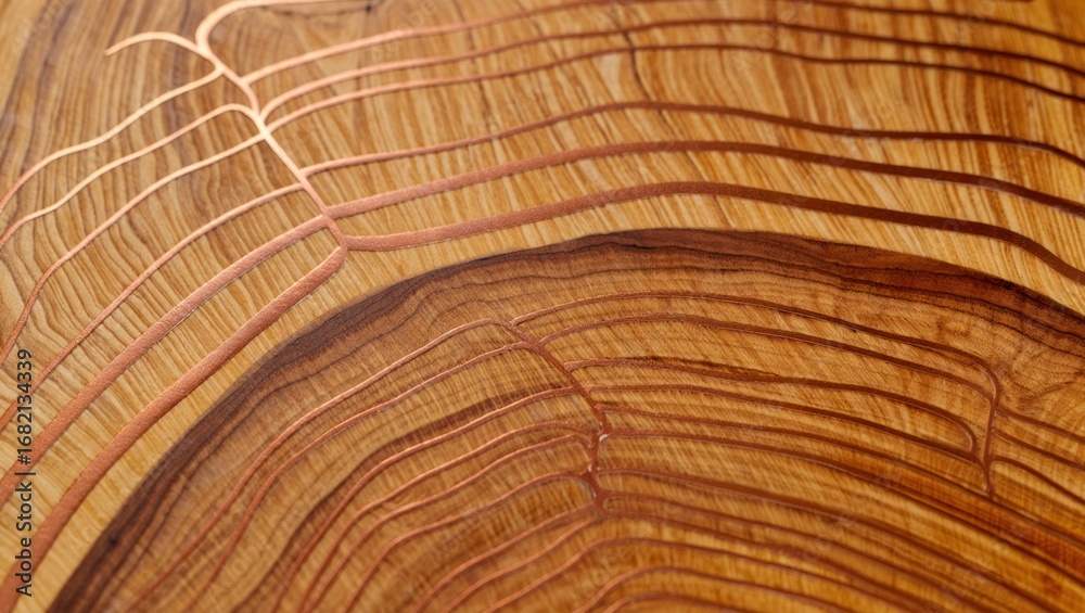 Fototapeta premium Organic wood texture with flowing copper inlay creating natural abstract art