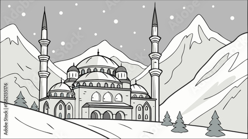 Illustration of winter landscape with mosque and mountains in grayscale for coloring book page