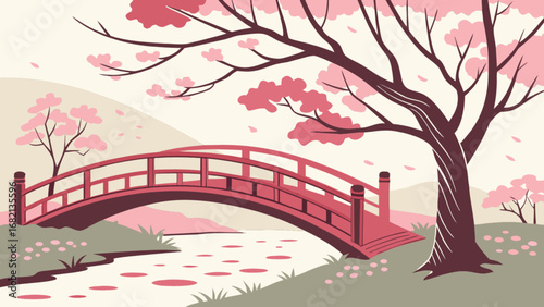 Beautiful japanese cherry blossom scenery with bridge and river illustration landscape design