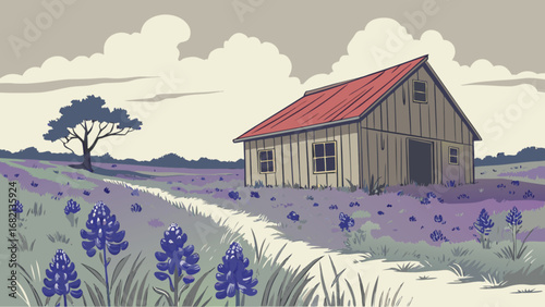 Rural barn landscape painting with bluebonnets field and tree vector illustration art design