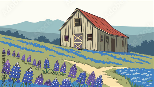 Scenic barn landscape with bluebonnets field illustration vector art background design template 95