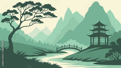 Green asian landscape vector illustration with pagoda bridge mountains and river scenic background art 95