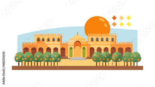 Cartoon illustration of a monastery building with trees and a sun in the sky landscape vector art