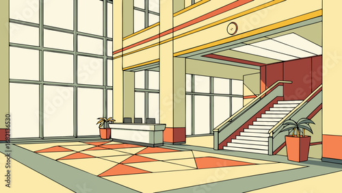 Illustration of a modern office building lobby interior with reception desk and staircase design style