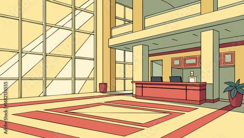 Hotel lobby interior design with reception desk and large windows for architectural visualization