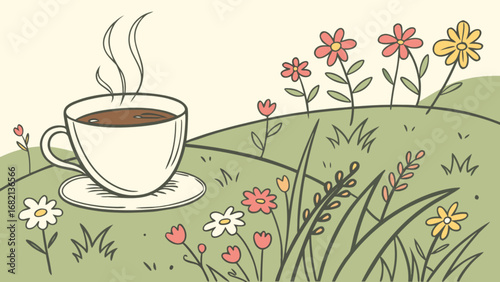 Enjoying a cup of coffee in a flower garden: a relaxing spring morning scene illustration art