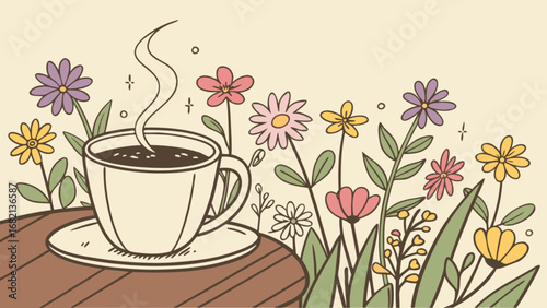 Floral coffee illustration with steam on a wooden table surrounded by colorful flowers and greenery art