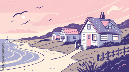 Coastal beach house illustration with pink sky and ocean view a serene vacation getaway scene drawing
