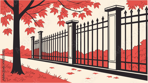 Autumn landscape scene with iron fence, red leaves, tree trunk, and falling leaves illustration