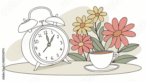 Alarm clock and flowers illustration for morning routine and time management concept design vector art