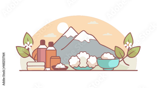 Natural skincare products with mountain background for beauty and wellness spa treatment concept