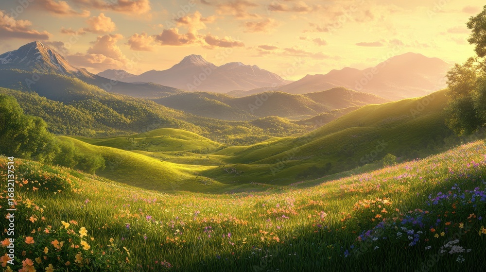 Fototapeta premium Lush rolling green hills on blurred background