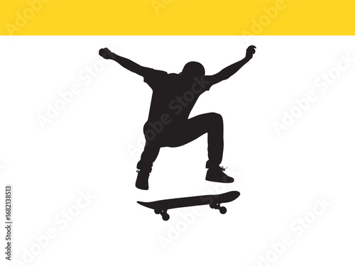 Silhouette of a Skateboarder Performing a Trick Against a White Background with Yellow Accent Creating a Bold and Dynamic Composition