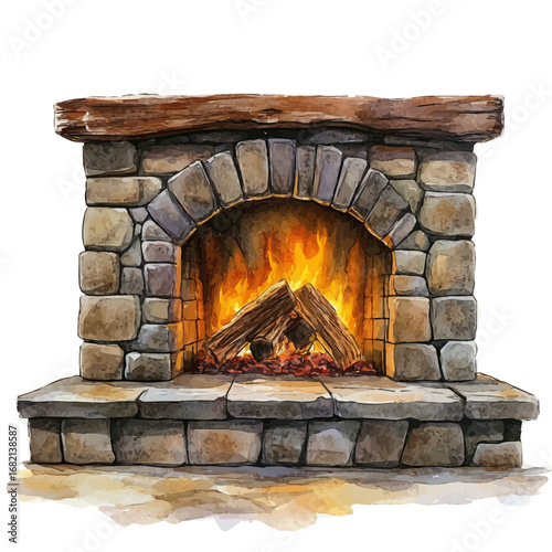 Crackling Fireplace, watercolor vector, isolated on a white background.