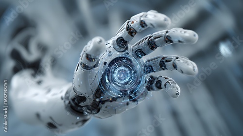 Futuristic Hand: A close-up shot of a sleek, metallic robotic hand with intricate details, glowing with an ethereal light, representing the convergence of technology and human ingenuity.