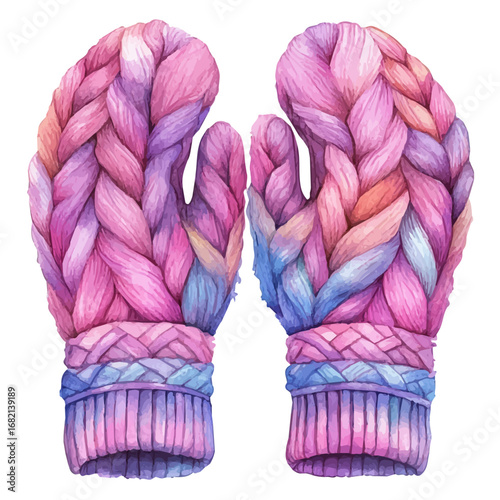 Cozy Woolen Mittens, watercolor clipart vector, isolated on a white background.