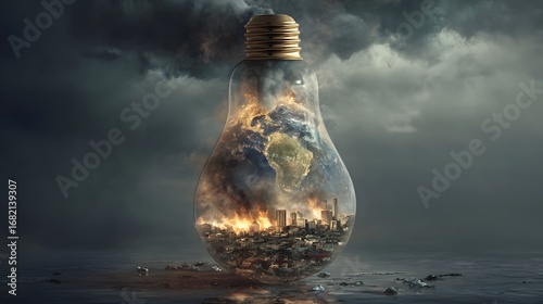 Earth in Peril: A striking visual of the Earth engulfed in flames and encased within a lightbulb, set against a backdrop of stormy clouds, symbolizing the urgent need for environmental awareness.