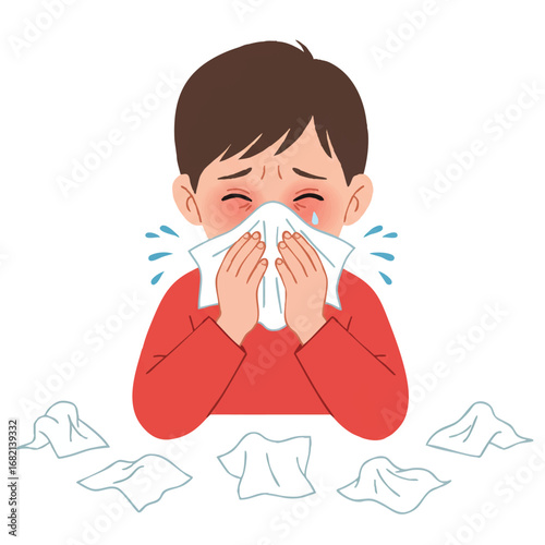A 2D flat vector illustrates a young child sneezing into a tissue, featuring a runny nose and red eyes, surrounded by discarded tissues on a white background, depicting common sickness.