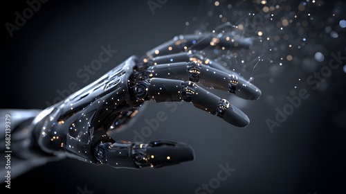 Digital Dexterity: A futuristic cyborg hand, rendered with intricate detail, reaches out, trails sparkling particles in its wake, embodying innovation and technological advancement.