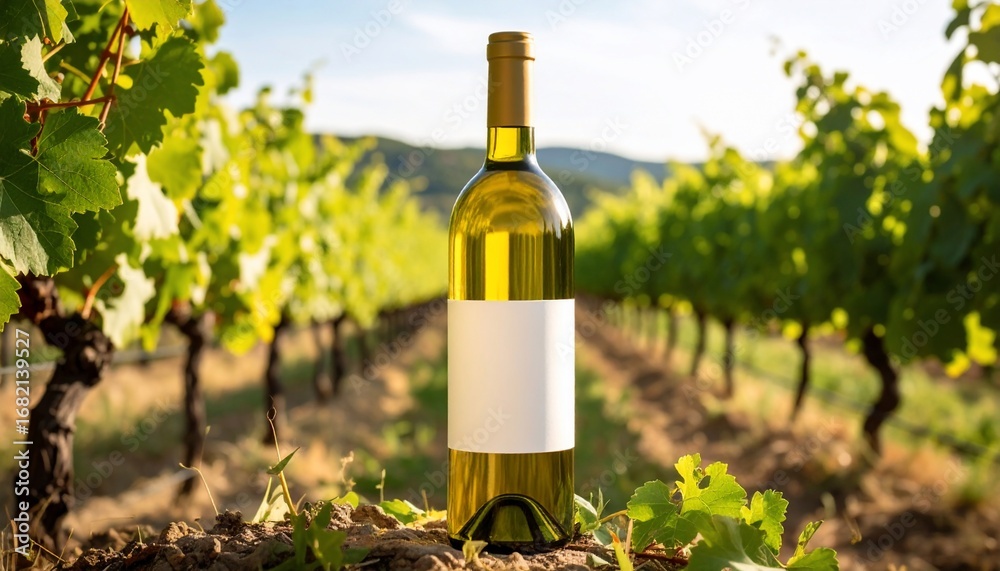 Fototapeta premium White Wine Bottle in Vineyard with Sunny Day, Blank Label, and Grape Vines Background.
