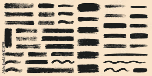 Grunge Brush Stroke Vector Collection. Hand-Drawn Textured Paint Lines And Underlines Set