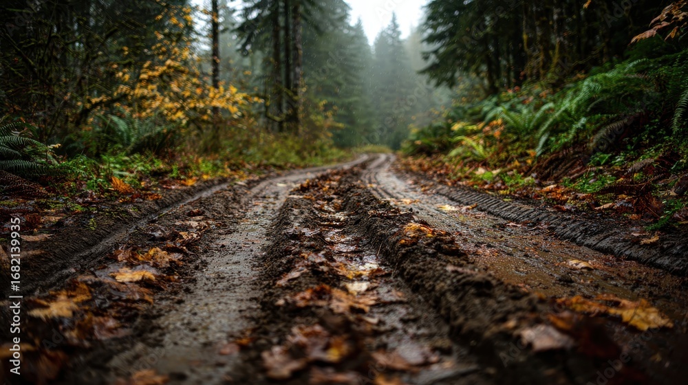 Fototapeta premium Muddy Path Through a Misty Forest A Nature's Embrace