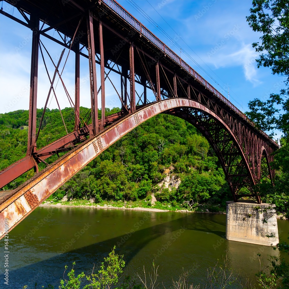 Obraz premium Rusty steel arch bridge over a river