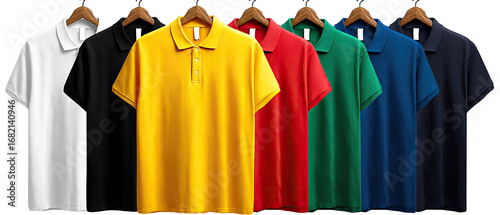 Assorted polo shirts on hangers