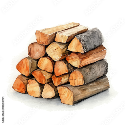 Cozy Fireplace Firewood Stack, watercolor drawing vector, isolated on a white background.