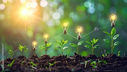 Seedlings grow in rich soil, illuminated by lightbulb ideas, connected by a graph, symbolizing growth and innovation under a bright, sunny sky