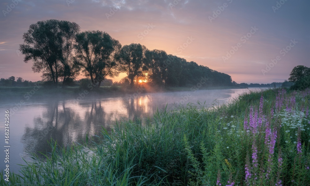 Obraz premium Misty sunrise over a river, trees lining the bank
