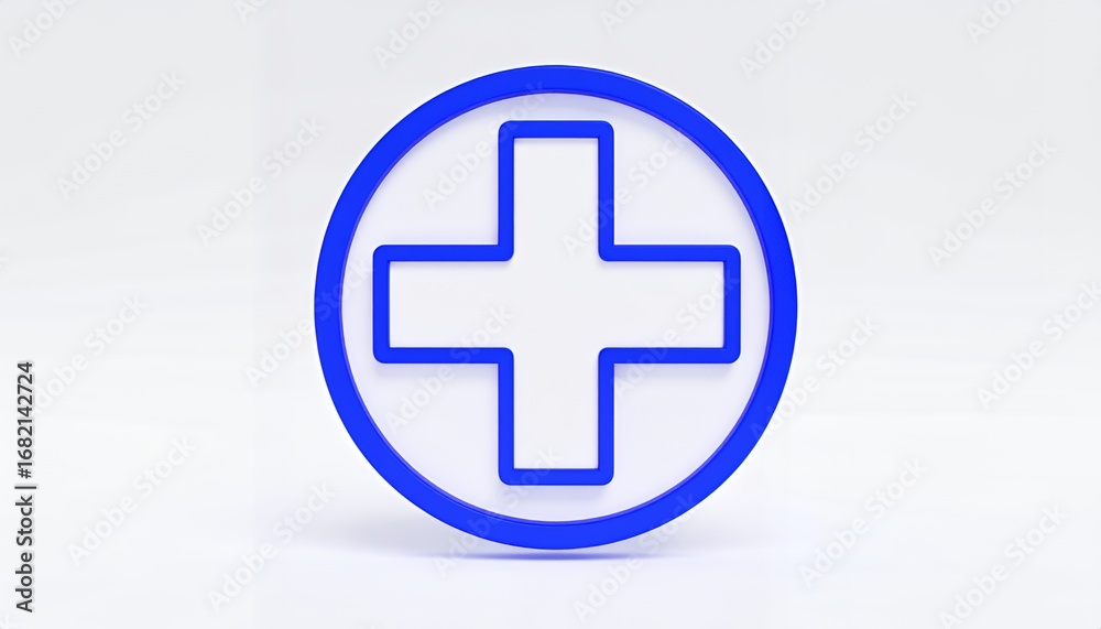 Fototapeta premium A three-dimensional blue medical plus sign symbol enclosed in a circle, representing healthcare and first aid, on a white background.