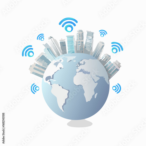 Connected World City Skyline Circling Earth with WiFi Signals, Seamless Global Communication