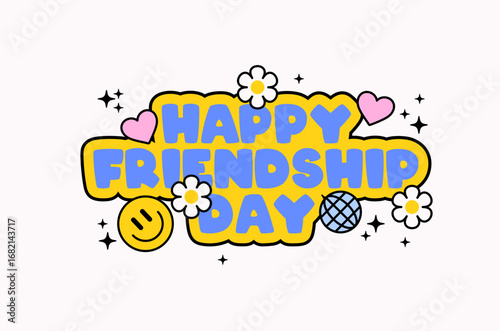 Cartoon illustration "Happy Friendship Day" text decorated with flowers, hearts, smiley face, and disco ball. This hand drawn vector in outline for greeting cards, posters, social media posts