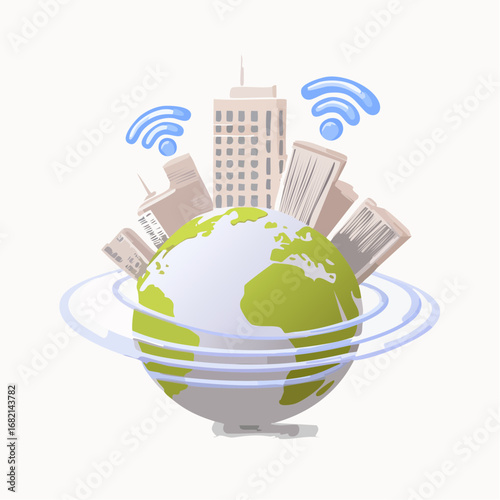 Global connectivity and communication represented by the Earth with buildings and Wi-Fi signals