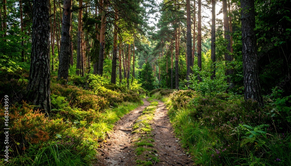Obraz premium Sunlit path through a dense pine forest