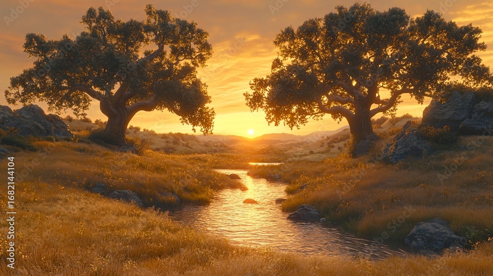 Fototapeta premium A serene sunset bathes a grassy field with a stream flowing between two trees, painting a warm, golden landscape