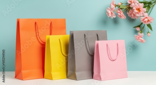 Four colorful shopping bags in orange, yellow, gray, and pink, arranged on a table with a light blue background and pink flowers