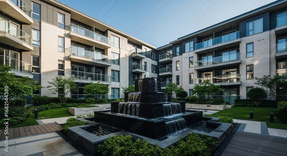 Fototapeta premium Modern Apartment Complex Courtyard with Fountain and Landscaping
