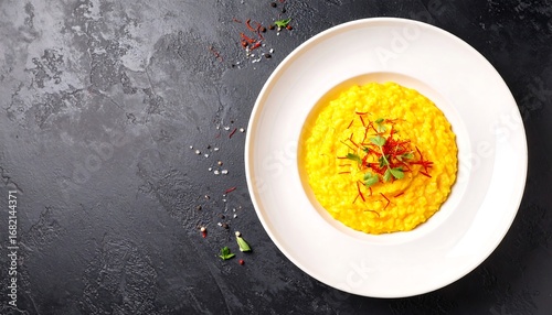 Top view of a creamy golden Risotto alla Milanese with saffron on dark background