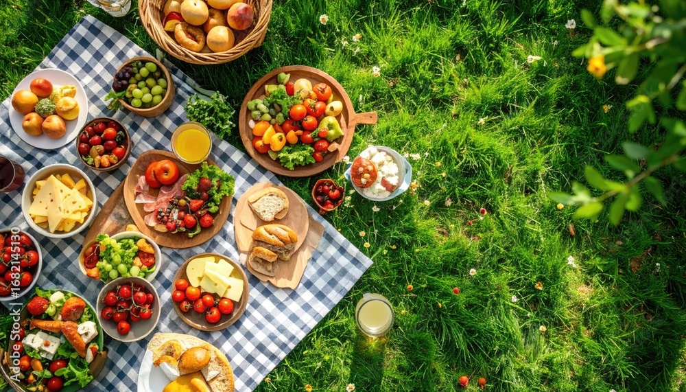Fototapeta premium Outdoor picnic on a checkered blanket, showcasing a spread of colorful fruits, vegetables, cheeses, and breads atop vibrant green grass