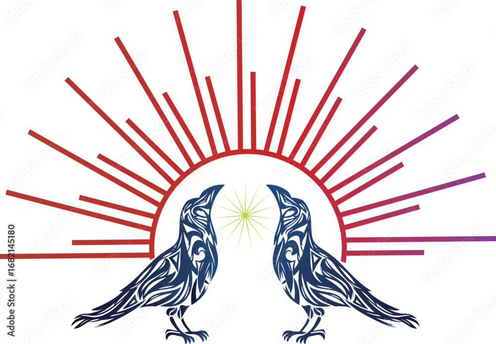 Obraz premium カラスと太陽のトライバルマークイラスト