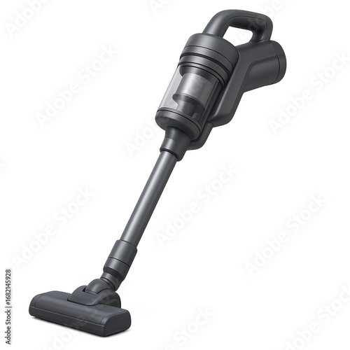 Black and silver vacuum cleaner with a clear container on the top. 3d isolated illustration on transparent background