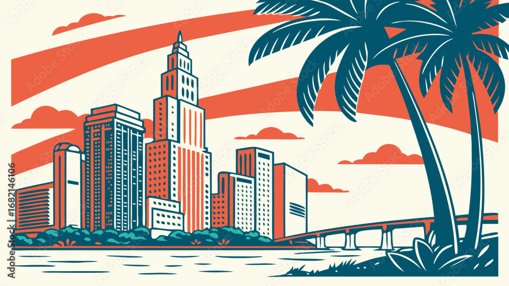 Obraz premium Miami skyline vector art with palm trees silhouetted against the horizon. Suitable for travel, tourism, and destination branding projects.