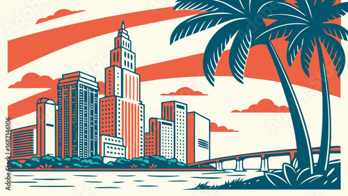 Miami skyline vector art with palm trees silhouetted against the horizon. Suitable for travel, tourism, and destination branding projects.