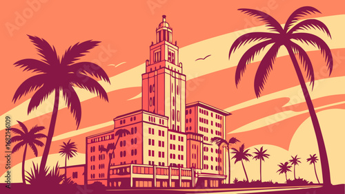 Miami skyline vector with freedom tower and palm trees, vibrant cityscape for travel brochures, tourism websites, postcards, and city guides.