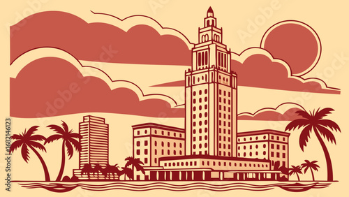 Miami skyline vector art with iconic freedom tower perfect for travel brochures, banners, postcards, and citythemed designs. Ideal for promotional materials.