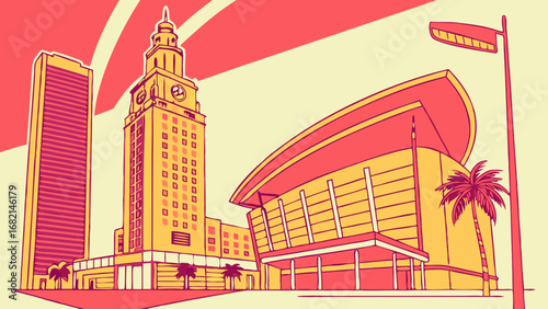 Miami skyline vector art showcases vibrant downtown areas, suitable for citythemed graphics, travel brochures, or promotional materials for miami.