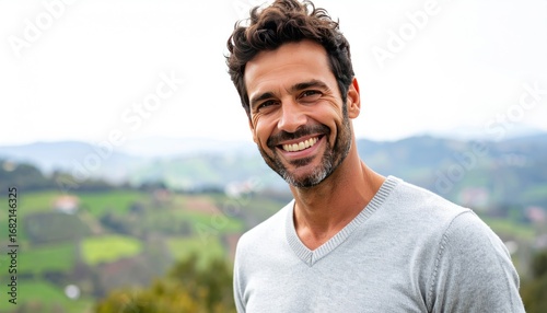 Smiling man with dark hair poses against a blurred green landscape. Wearing a casual v-neck shirt, he looks directly at the camera