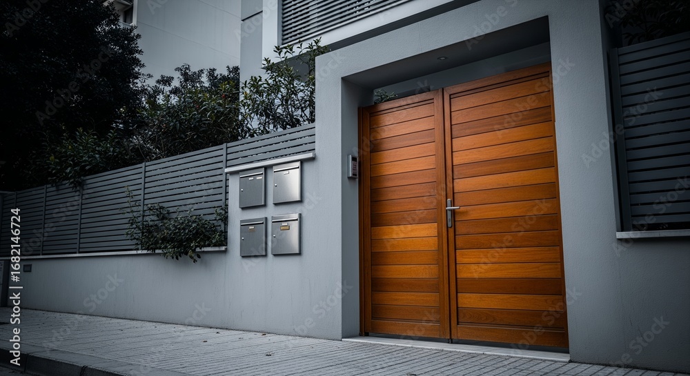 Fototapeta premium Modern Wooden Gate and Gray Fence at Residential Building
